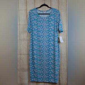 LuLaRoe Julia Teal and White Patterned Midi Dress